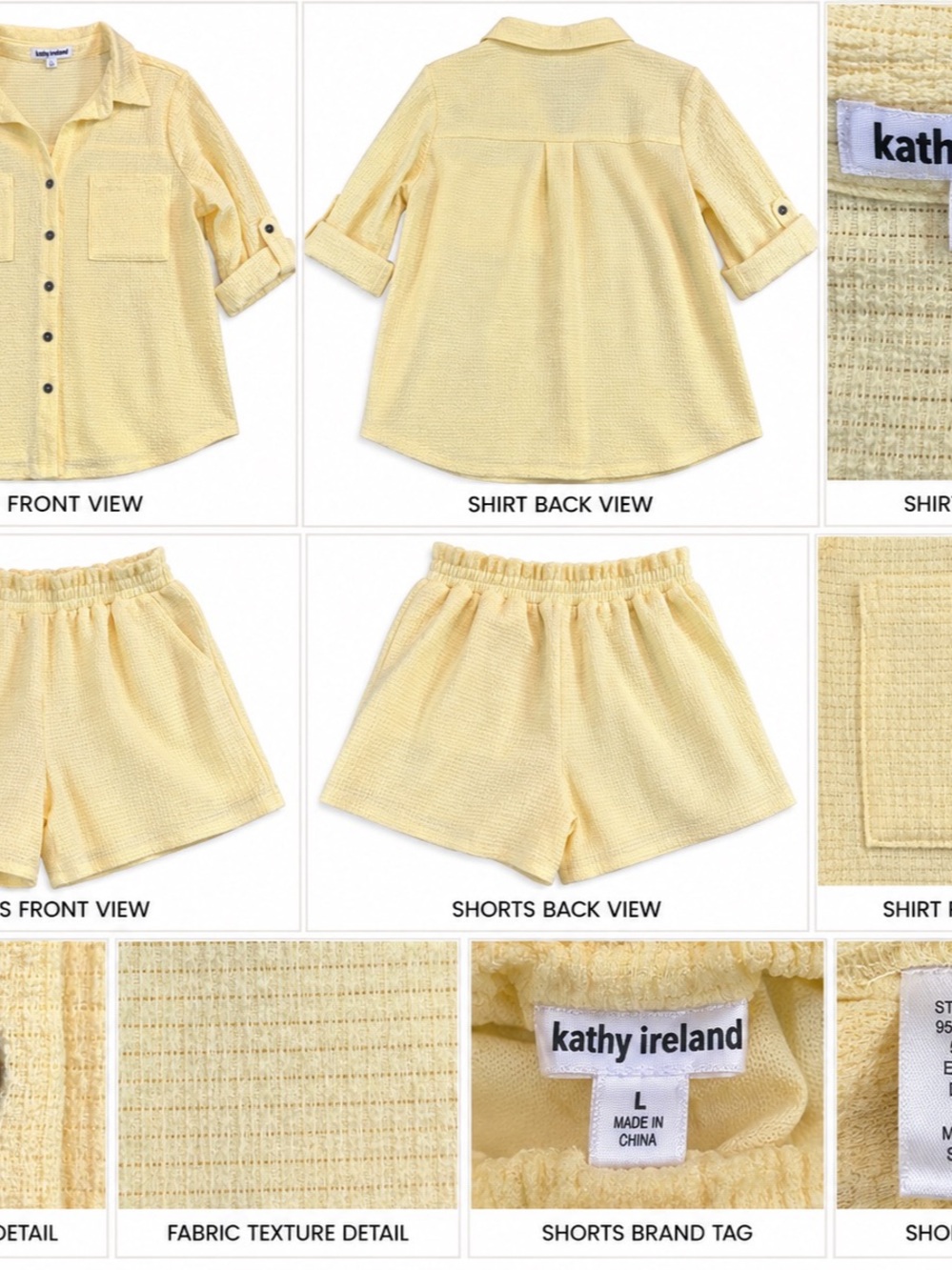 Kathy Ireland Women’s Large Yellow 2 Piece Shirt Shorts Set Textured Button Down